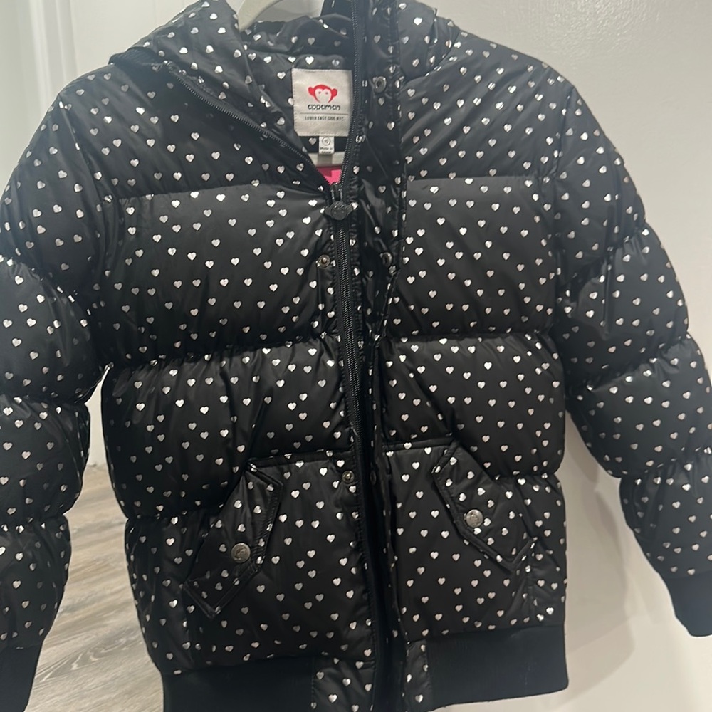 Appaman girls size 10 puffer coat with hood- black with silver hearts